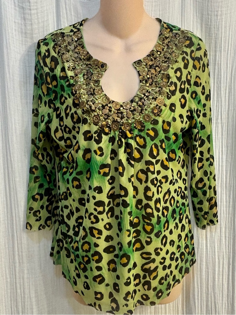 Berek Top In A Lime Green Black and Gold Leopard Pattern. Size Medium